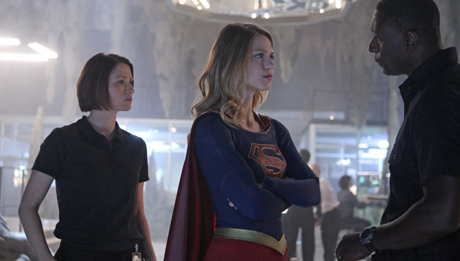 Chyler Leigh, Melissa Benoist and David Harewood in Supergirl