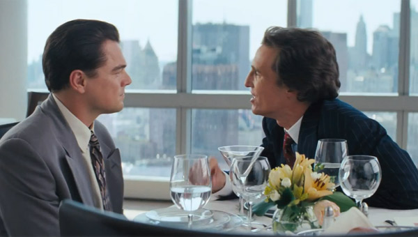Leonardo DiCaprio as Jordan Belfort and Matthew McConaughey as Mark Hanna in Martin Scorsese's The Wolf of Wall Street